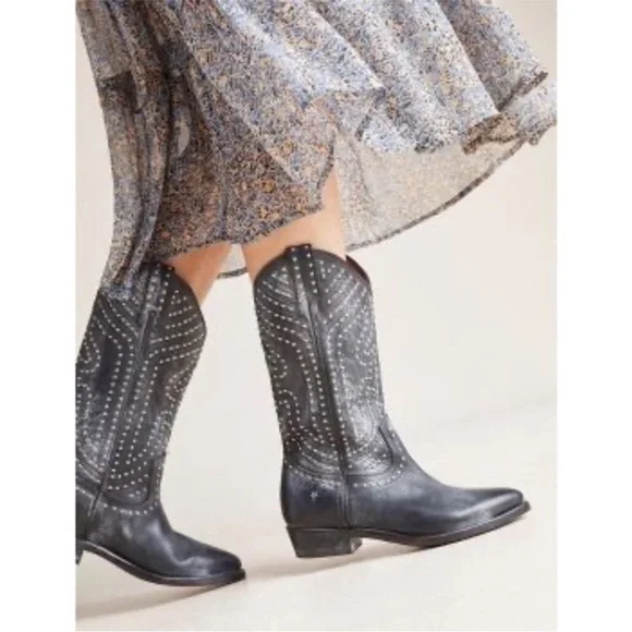 VINTAGE 1980 Frye Austin Tan Brown PullOn Leather Floral Embroidered Cowboy Boot - Picture 3 of 12